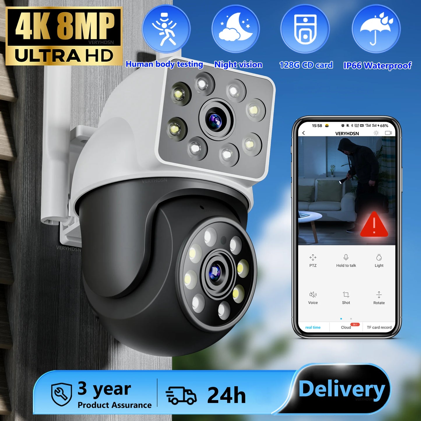 Câmera IP WiFi de lente dupla 5G 8MP Câmeras de vigilância PTZ Segurança Visão noturna colorida CCTV AI Detecção humana Zoom digital 4X
