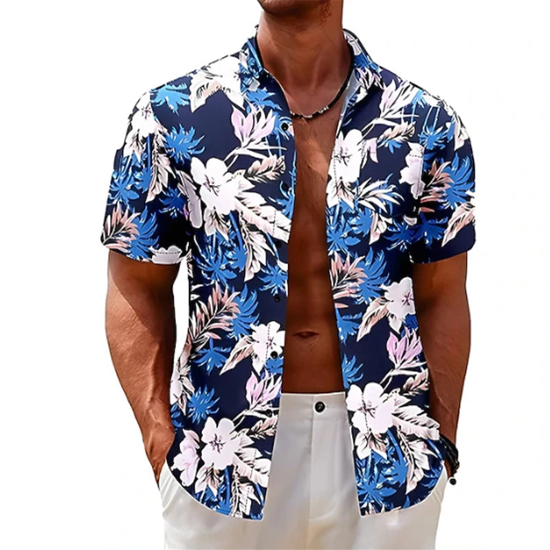 Camisa masculina HD floral de manga curta 3D camisa casual masculina da moda camisa confortável de manga